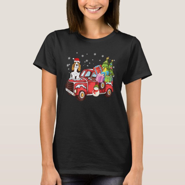 Basset Hound Riding Red Truck Merry Christmas Dog T-Shirt (Front)