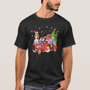 Basset Hound Riding Red Truck Merry Christmas Dog T-Shirt
