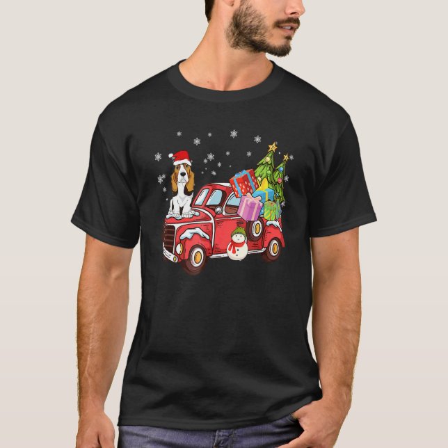Basset Hound Riding Red Truck Merry Christmas Dog T-Shirt (Front)
