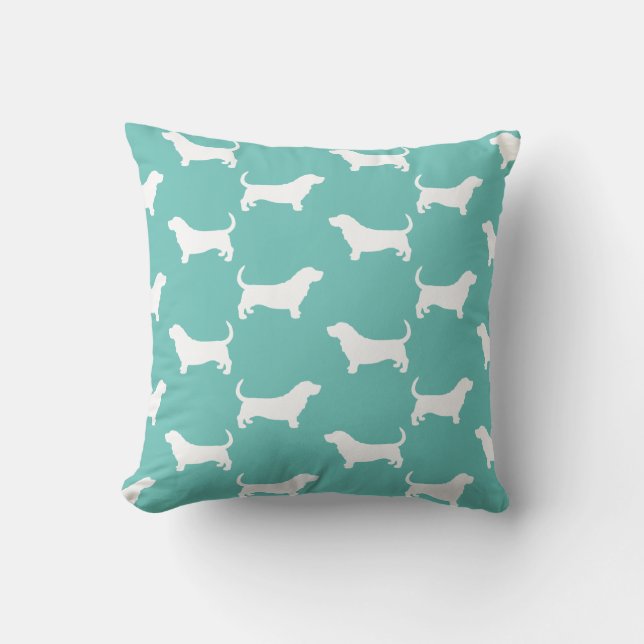 Basset Hound Silhouettes Pattern Teal and White Cushion (Front)