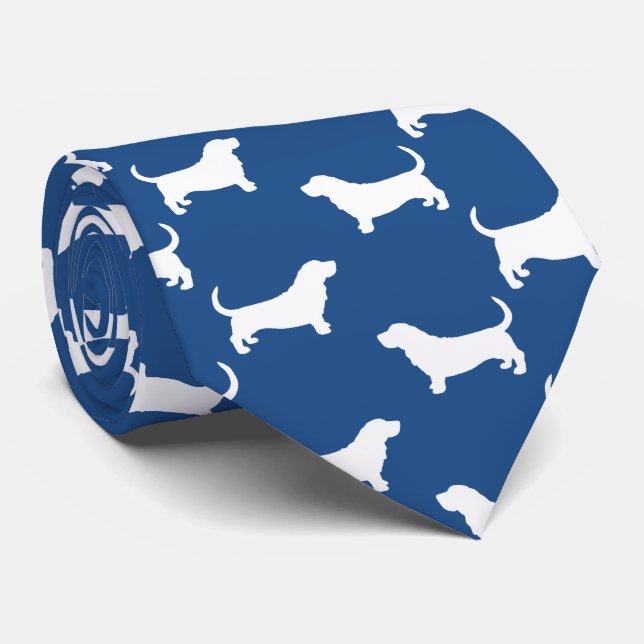Basset Hound Silhouettes Pattern White and Blue Tie (Rolled)