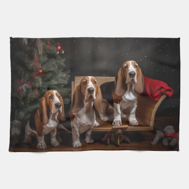 Basset Hound Snowy Sleigh Christmas Decor  Tea Towel (Horizontal)