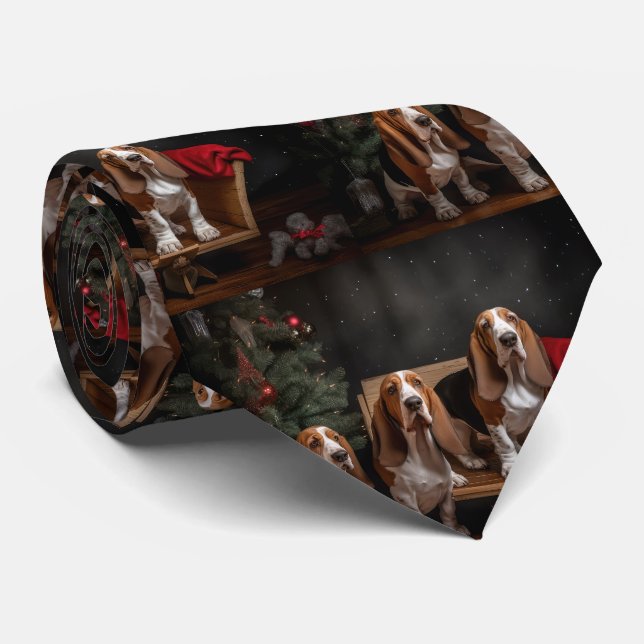 Basset Hound Snowy Sleigh Christmas Decor  Tie (Rolled)