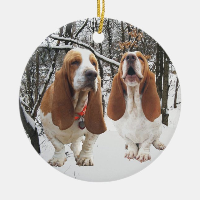 Basset Hound Snowy Woods Christmas Ornament (Front)