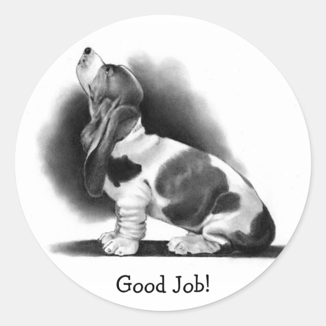 BASSET HOUND STICKER: Good Job! PENCIL ART Classic Round Sticker (Front)