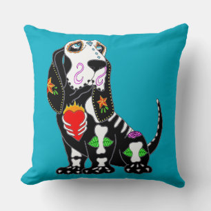 Basset Hound Sugar Skull Cushion