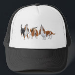 Basset Hound Trio Hat<br><div class="desc">Original fine art design of a howling tricolored Basset hound by designer Carolyn McFann on quality cards, stationery, clothing & other great gifts for dog lovers.</div>