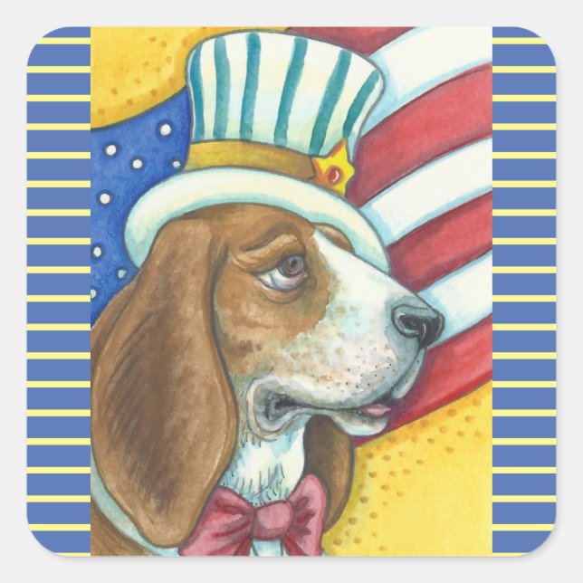 BASSET HOUND UNCLE SAM, DOG STICKERS Squ. * Sheet (Front)