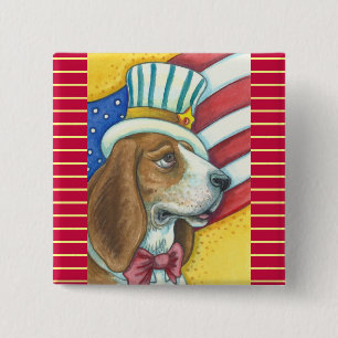 BASSET HOUND UNCLE SAM, PATRIOTIC DOG BUTTON Squ