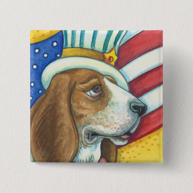 BASSET HOUND UNCLE SAM, PATRIOTIC DOG BUTTON Squ (Front)