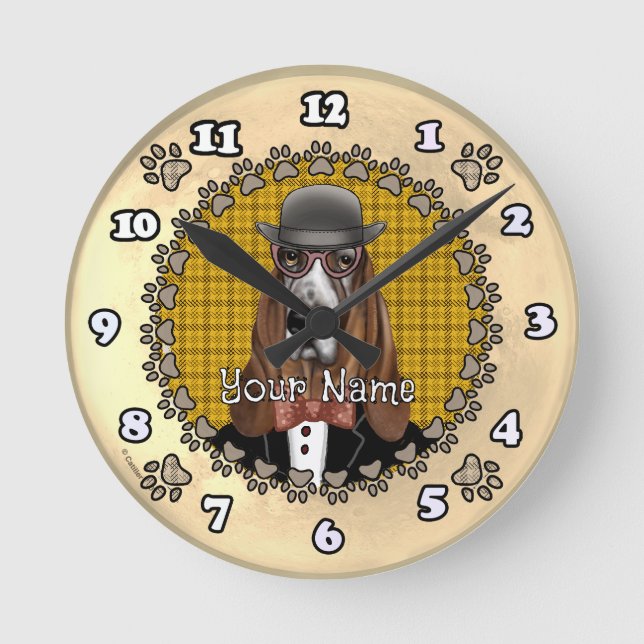 Basset Hound wearing glasses Round Clock (Front)