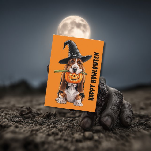 Basset hound wearing witches hat & pumpkin card (Creator Uploaded)