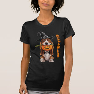 Basset hound wearing witches hat & pumpkin T-Shirt
