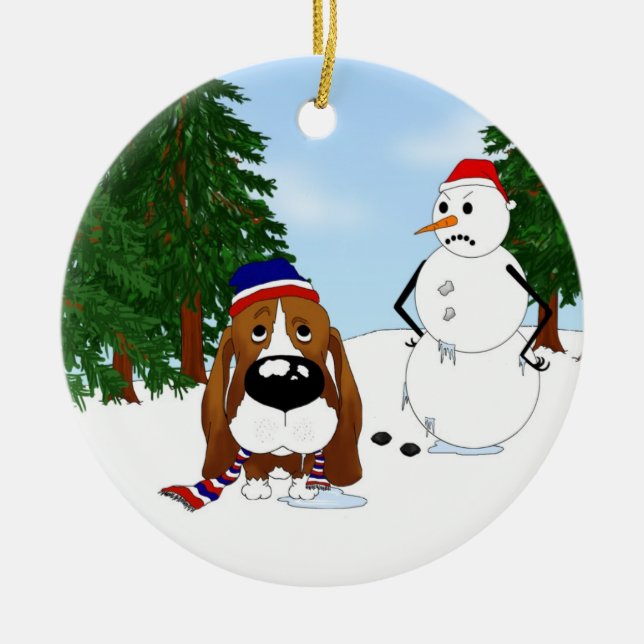 Basset Hound Winter Scene Ceramic Tree Decoration (Front)