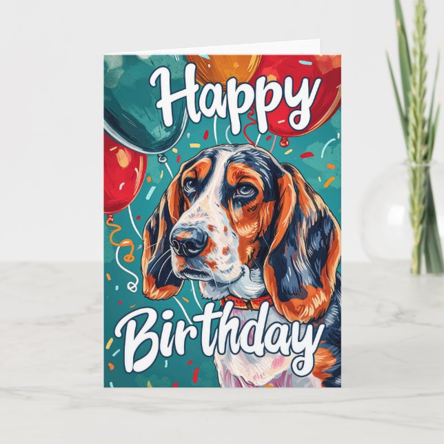 Basset Hound with Balloons Birthday Card (Front)