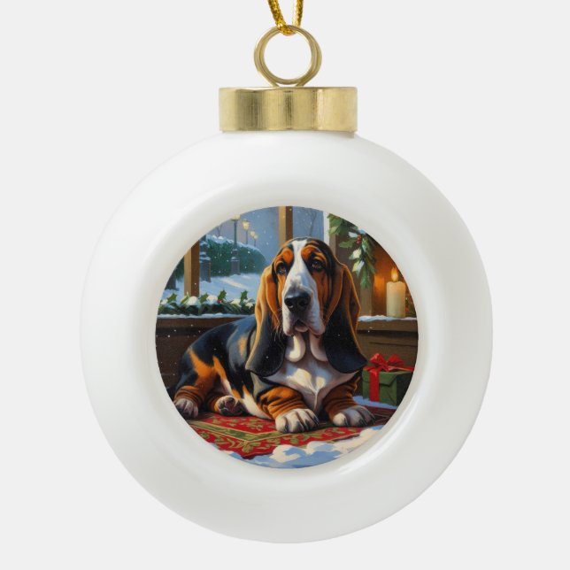 Basset Hound With Christmas Lights Holiday  Ceramic Ball Christmas Ornament (Front)