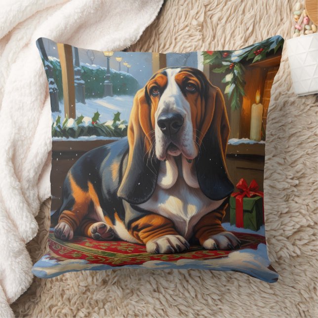 Basset Hound With Christmas Lights Holiday  Cushion (Blanket)