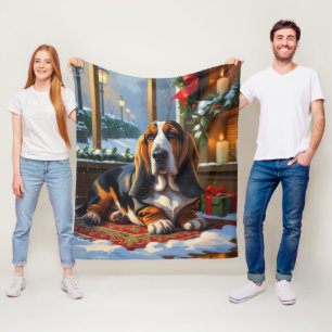 Basset Hound With Christmas Lights Holiday  Fleece Blanket