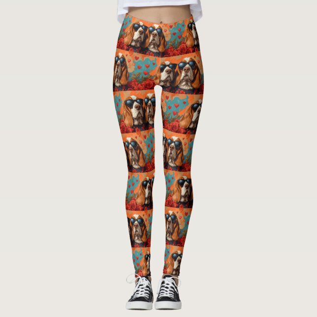 Basset Hound With Heart Roses Valentine's Day  Leggings (Front)