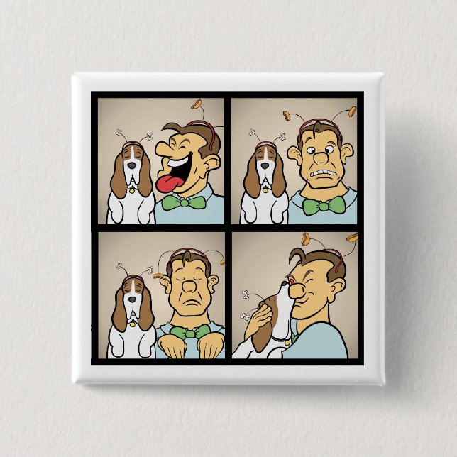Basset Hound with Man in Photo Booth Funny Cartoon 15 Cm Square Badge (Front)