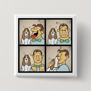 Basset Hound with Man in Photo Booth Funny Cartoon 15 Cm Square Badge