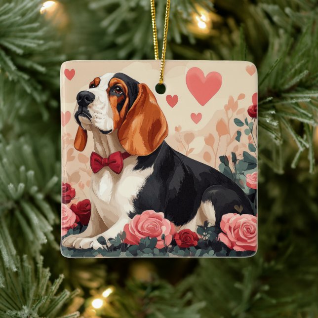 Basset Hound with Roses - Valentine's Day  Ceramic Ornament (Tree)