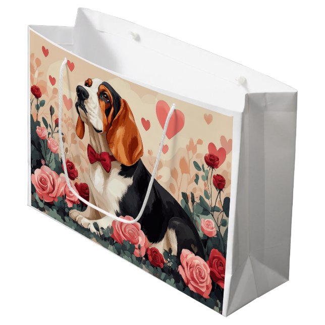 Basset Hound with Roses - Valentine's Day  Large Gift Bag (Front Angled)