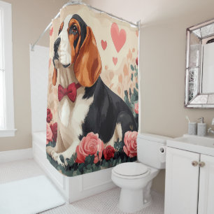 Basset Hound with Roses - Valentine's Day Shower Curtain