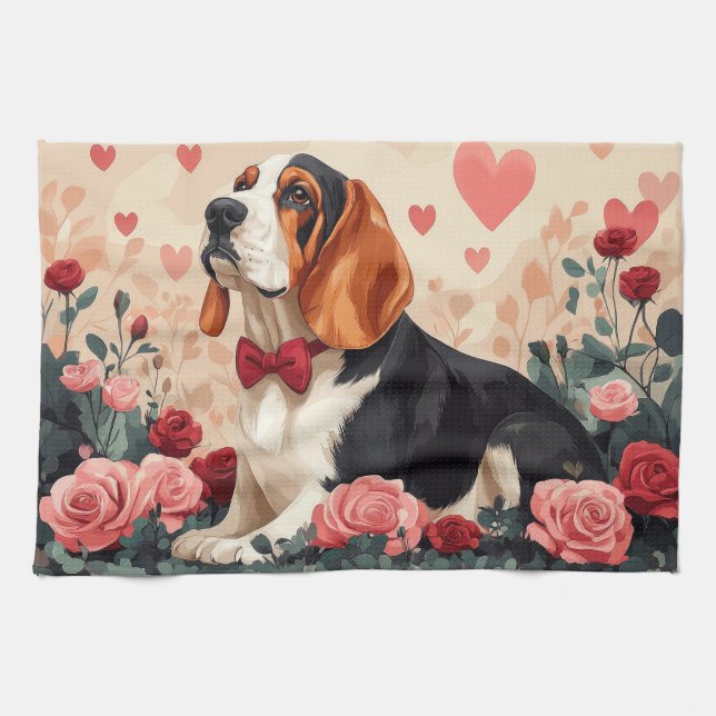 Basset Hound with Roses - Valentine's Day  Tea Towel (Horizontal)