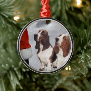 Basset Hound With Santa Christmas  Metal Ornament