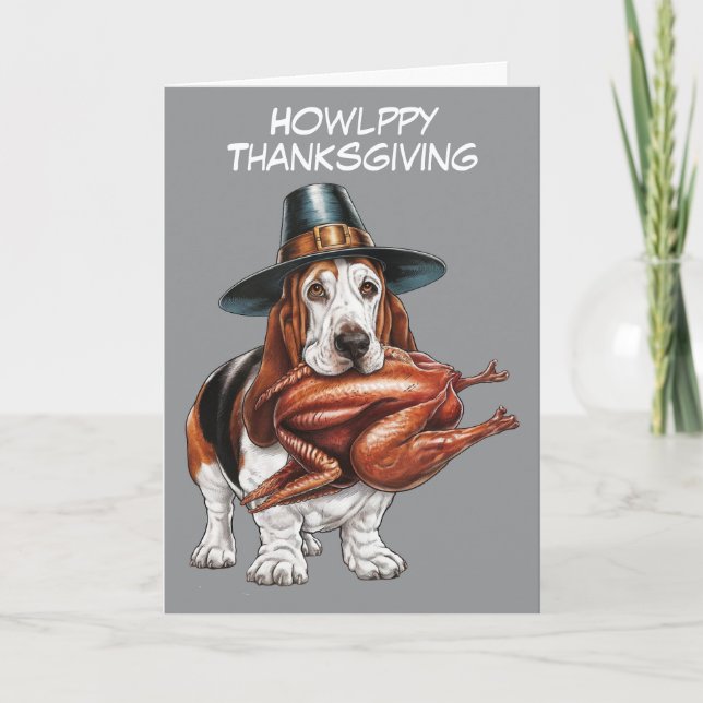 Basset hound with turkey in mouth thanksgiving card (Front)