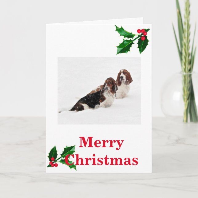 Basset Hounds in snow on Christmas card. Holiday Card (Front)