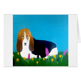 Basset in a field of flowers