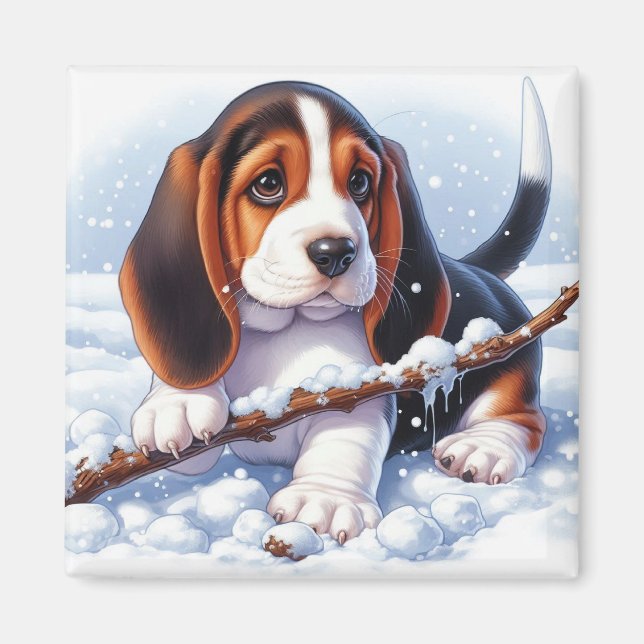 Basset Puppy Playing With a Stick in Winter Snow Magnet (Front)