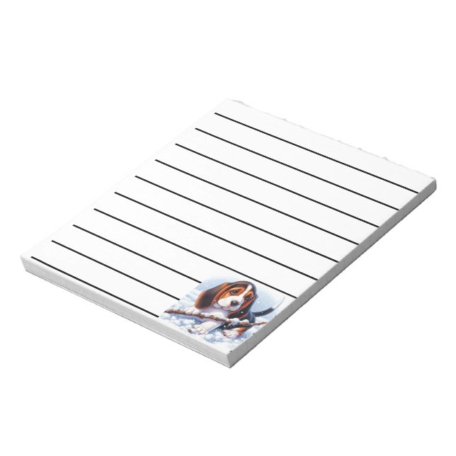 Basset Puppy Playing With a Stick in Winter Snow Notepad (Rotated)