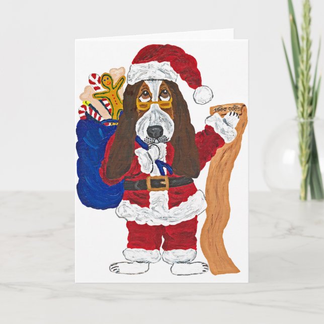 Basset Santa Checking List Of Good Bassets Holiday Card (Front)