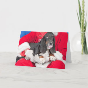 Basset Sticking Tongue Out on Santa's Lap Holiday Card