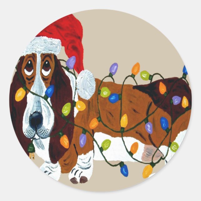 Basset Tangled In Christmas Lights Classic Round Sticker (Front)