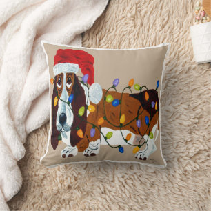Basset Tangled In Christmas Lights Cushion