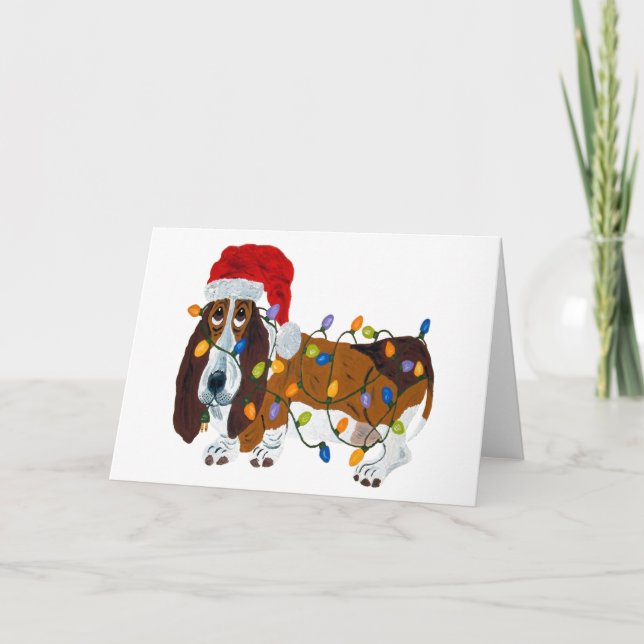 Basset Tangled In Christmas Lights Holiday Card (Front)