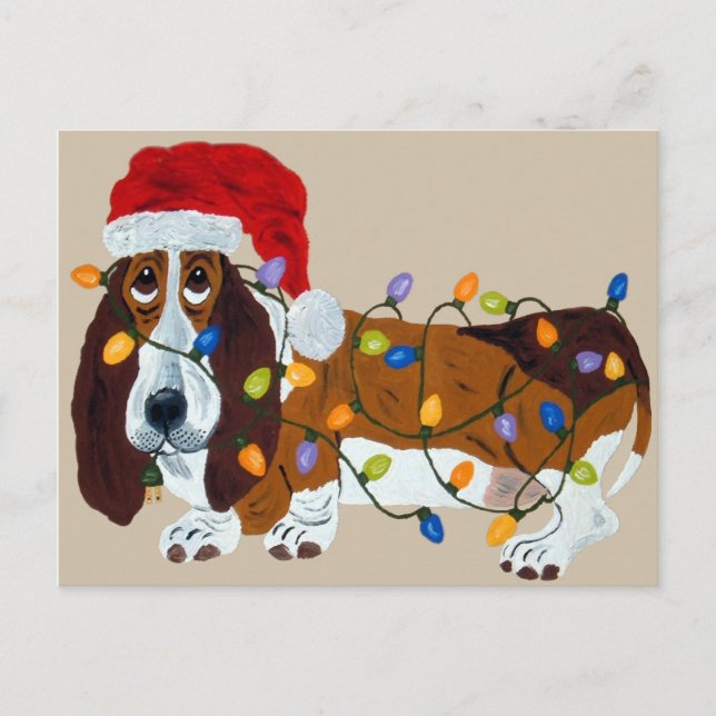 Basset Tangled In Christmas Lights Holiday Postcard (Front)