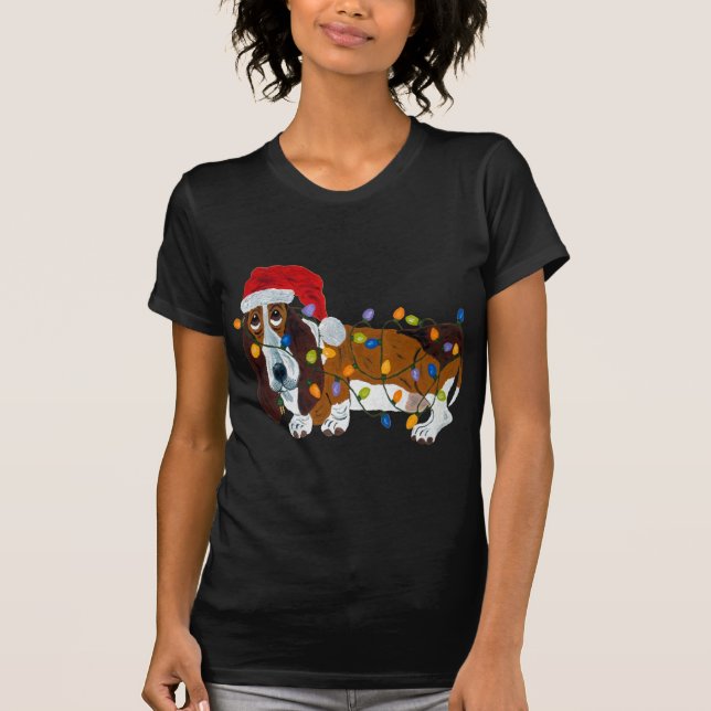 Basset Tangled In Christmas Lights T-Shirt (Front)