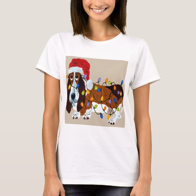 Basset Tangled In Christmas Lights T-Shirt (Front)