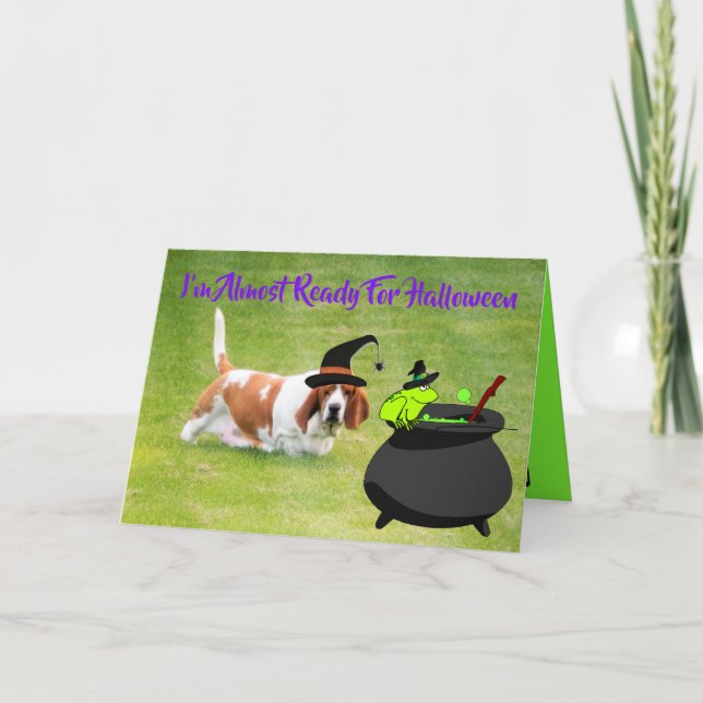 Basset "Witch" w/Frog & Cauldron On Halloween Card (Front)