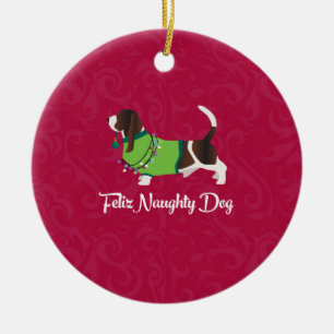 Bassett Hound Christmas Feliz Naughty Dog Ceramic Ornament
