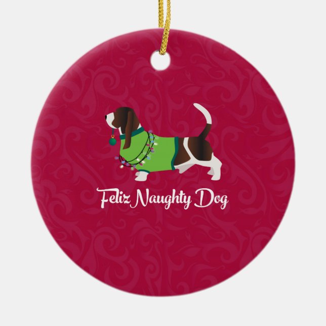Bassett Hound Christmas Feliz Naughty Dog Ceramic Ornament (Front)
