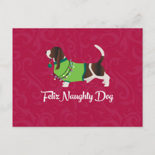 Bassett Hound Christmas Feliz Naughty Dog Holiday Postcard
