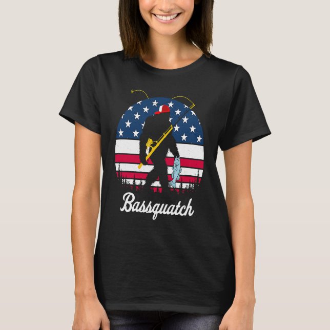 Bassquatch Bass Fishing American Flag Fishing T-Shirt (Front)