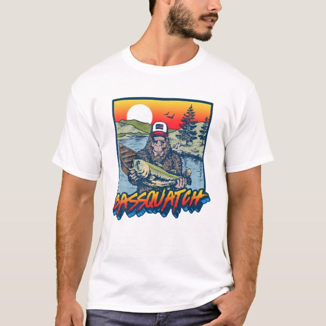 Bassquatch! Funny Bass Fishing Sasquatch Retro 80S T-Shirt (Front)