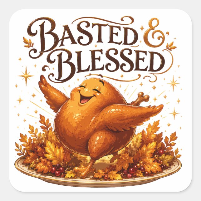 Basted & Blessed Funny Turkey Thanksgiving Dinner  Square Sticker (Front)